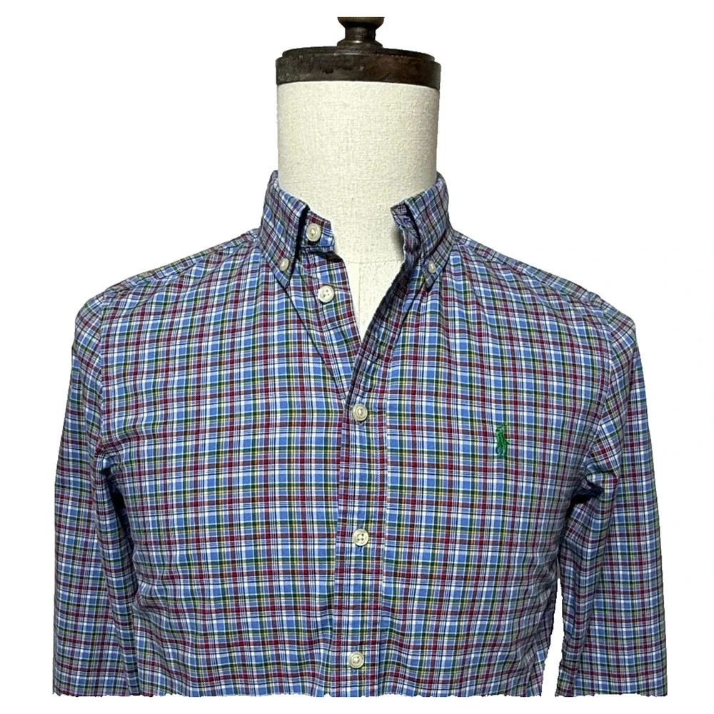 Ralph Lauren Shirt Boys Large 14-16 Blue Green Colorful Plaid Button Down Preppy